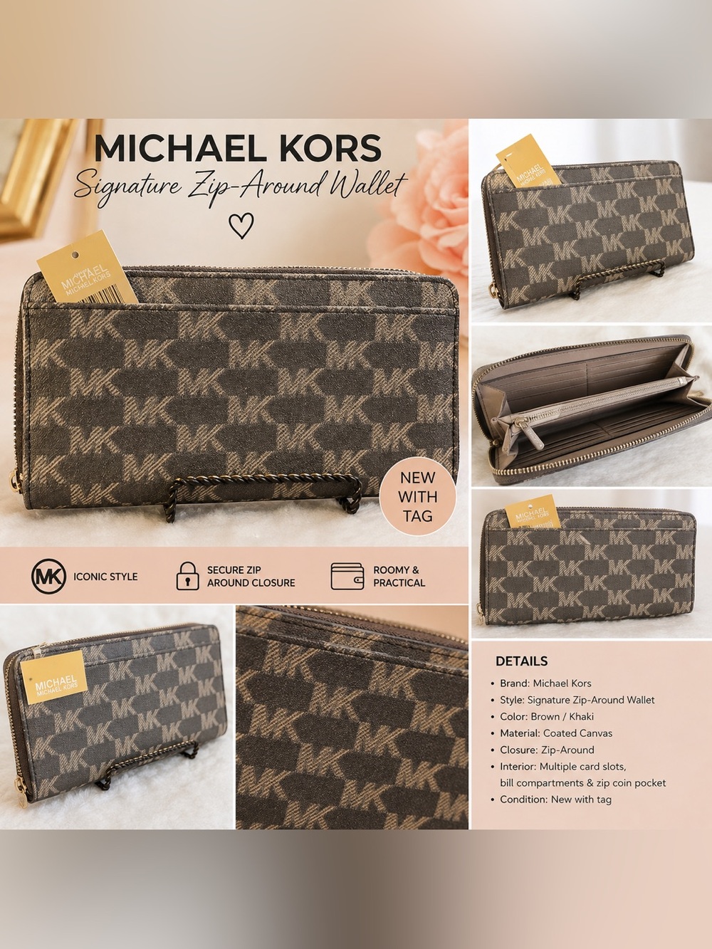 Michael Kors Blue Gray Signature Zip-Around Wallet